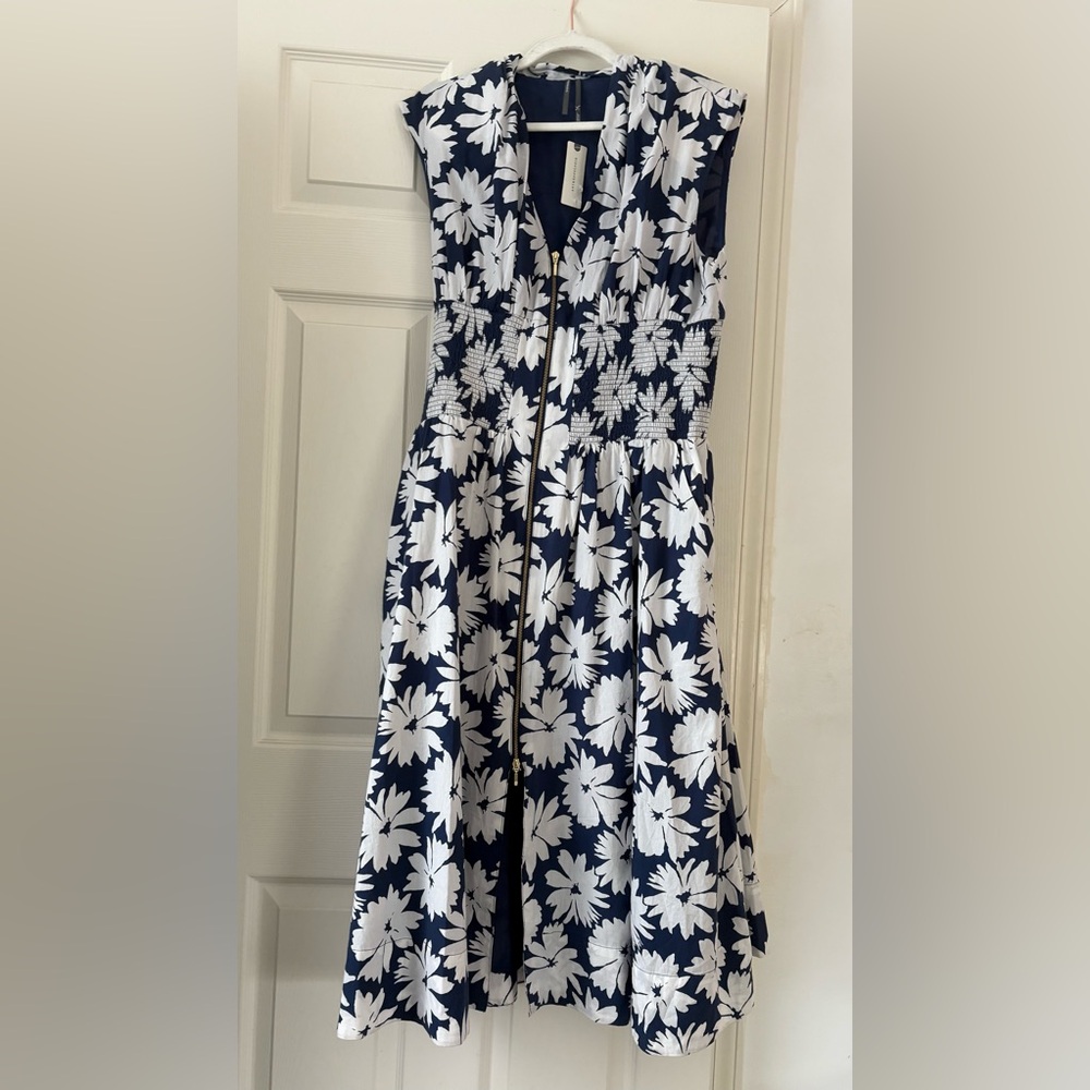 Anthropologie Blue and White V-Neck Sleeveless Midi Dress
